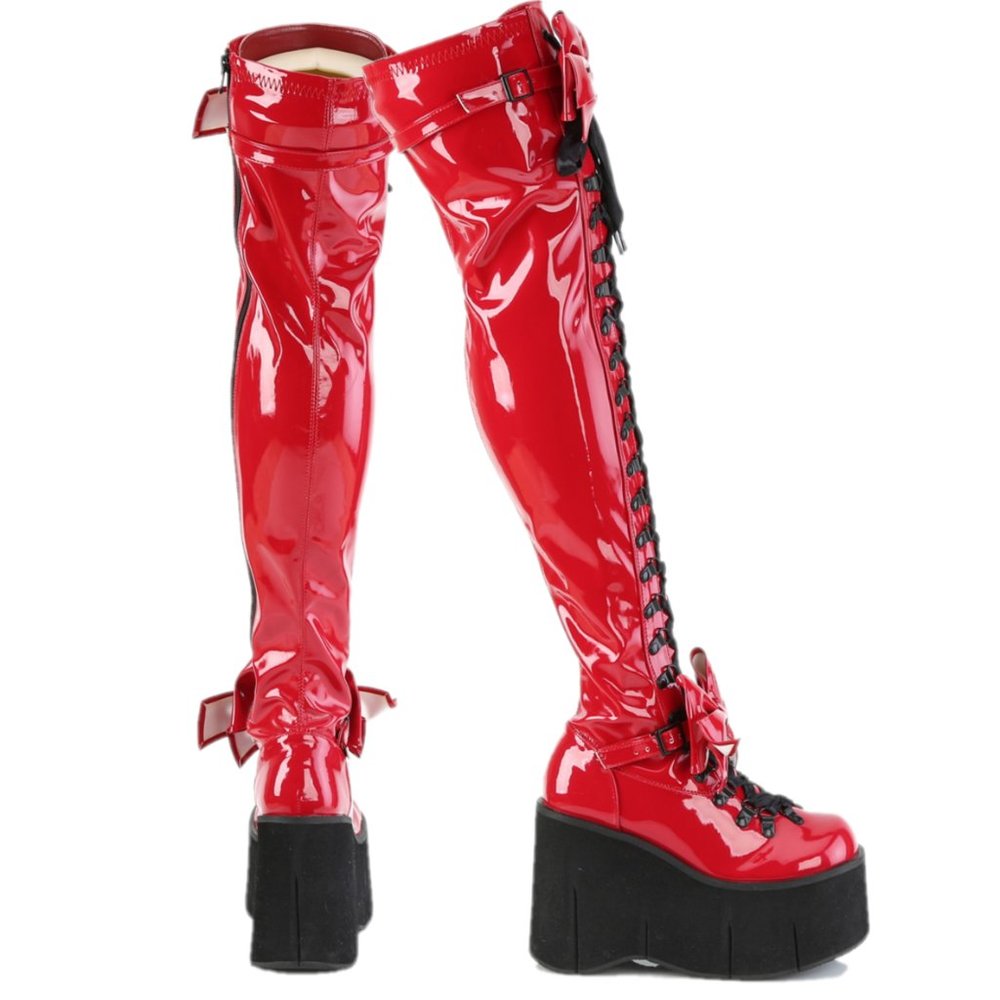 Stretch Red Patent Platform Thigh Boots Goth Punk Rock Rave Kera 303 - Picture 4 of 9
